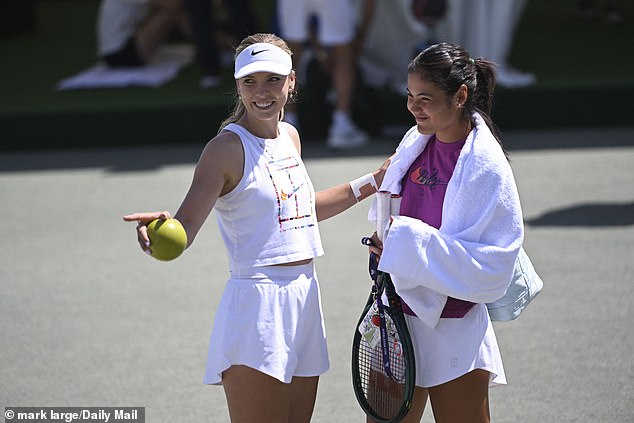 Emma Raducanu (right, pictured with Katie Boulter at Aorangi Park on June 29, ahead of Wimbledon 2025) today leads the biggest contingent of British tennis stars to storm Wimbledon in over 40 years – on the hottest ever opening day of the championships
