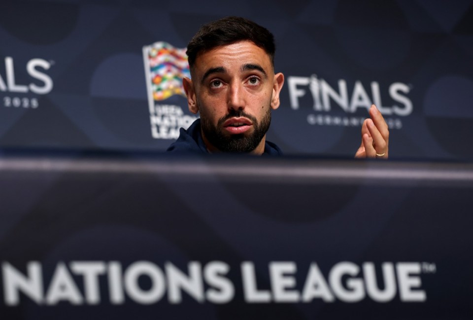 MUNICH, GERMANY - JUNE 03: Bruno Fernandes of Portugal speaks to the media during the Portugal Press Conference ahead of the UEFA Nations League 2025 Semi-final between Germany and Portugal on June 03, 2025 in Munich, Germany. (Photo by Maja Hitij - UEFA/UEFA via Getty Images)