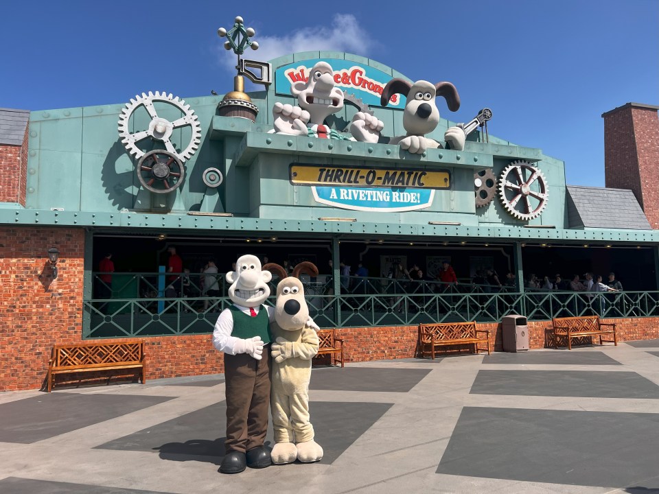 Wallace and Gromit at the entrance to their theme park ride, the Thrill-O-Matic.