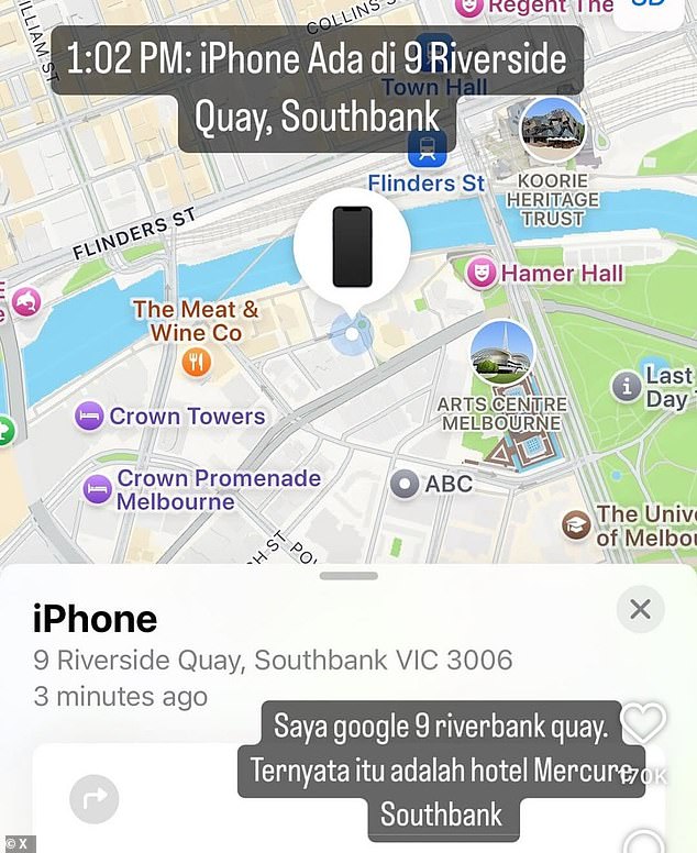 Michael Tjendara's tracked the stolen device to a location near Southbank Promenade's Mercure Hotel using Find My iPhone (pictured)