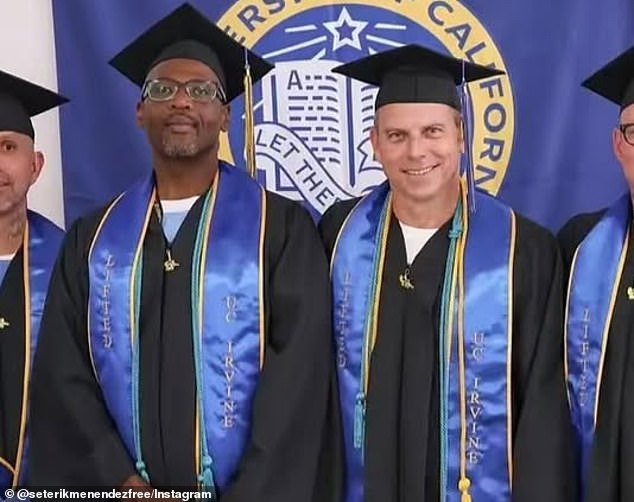 New pictures have emerged of Erik Menendez (right) accepting a bachelor's degree from behind bars with top academic honors