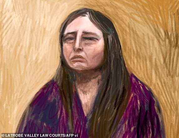 A handout court sketch drawn from a video link on June 2, 2025, and received on June 19, 2025, shows Erin Patterson, an Australian woman accused of murdering three people with a toxic mushroom-laced beef Wellington, at the Latrobe Valley Law Courts in Morwell, south of Melbourne, as she faces trial in a case that has grabbed global attention. Patterson, 50, is charged with murdering her estranged husband's parents and aunt in July 2023 by spiking their beef Wellington lunch with death cap mushrooms. (Photo by Anita LESTER and Handout / LATROBE VALLEY LAW COURTS / AFP) / RESTRICTED TO EDITORIAL USE - MANDATORY CREDIT "AFP PHOTO / ANITA LESTER/ LATROBE VALLEY LAW COURTS" - NO MARKETING NO ADVERTISING CAMPAIGNS - DISTRIBUTED AS A SERVICE TO CLIENTS (Photo by ANITA LESTER,HANDOUT/LATROBE VALLEY LAW COURTS/AFP via Getty Images)