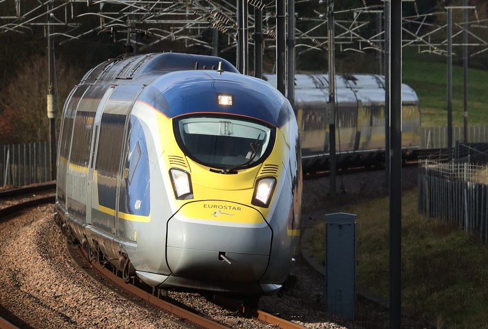 Eurostar e320 high-speed train traveling through Ashford, Kent.