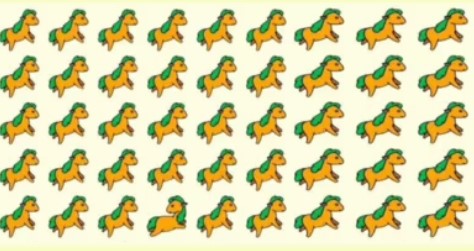 Illustration of a pattern of orange horses with green manes, one horse is a different color.