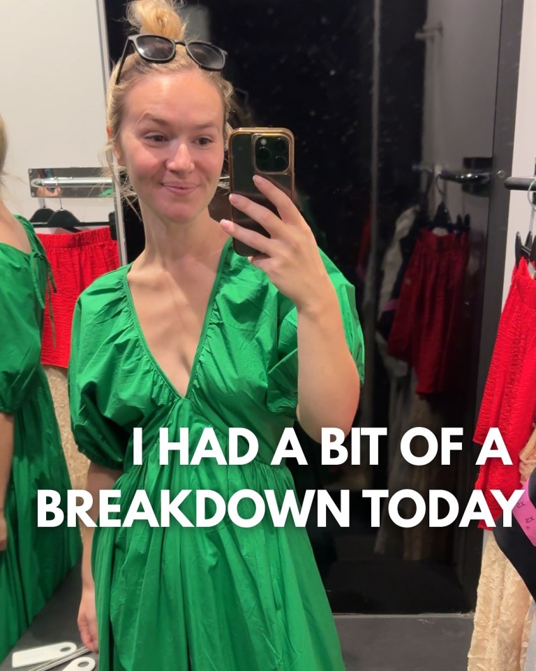 Woman in green dress taking selfie, text overlay reads "I had a bit of a breakdown today".