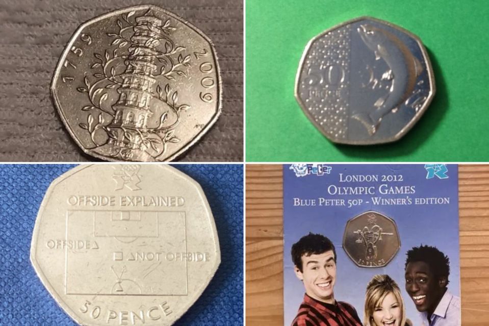 An image collage containing 4 images, Image 1 shows 2009 fifty pence coin depicting a pagoda with vines, Image 2 shows Fifty pence coin featuring a salmon, Image 3 shows London 2012 Olympic Games Blue Peter 50p Winner's Edition coin and card, Image 4 shows Fifty pence coin illustrating offside in soccer