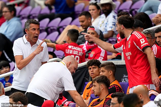 Benfica manager Bruno Lage was caught in an astonishing row with his own player on Friday