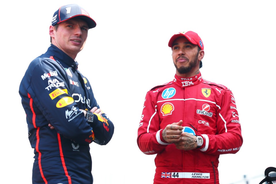 Max Verstappen and Lewis Hamilton at a Formula 1 race.