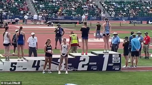 Reese Eckard of Sherwood High School and Alexa Anderson of Tigard High School have been praised as heroes on social media after abandoning the medal ceremony in Eugene