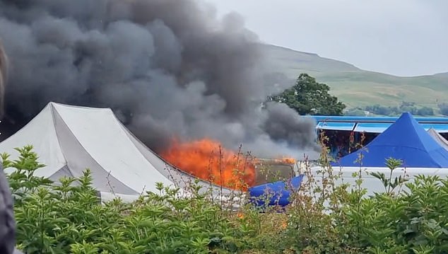 A fire broke out at Appleby Horse Fair in Appleby-in-Westmorland, Cumbria, on Saturday engulfing a tent, stall and van in flames as firefighters worked to tackle the blaze