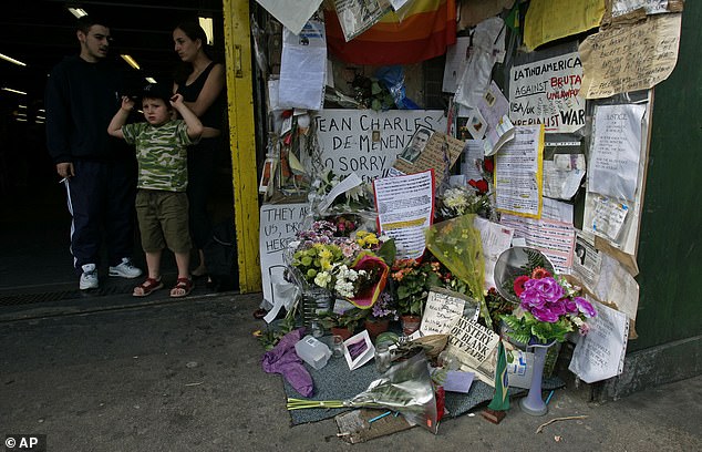Tributes in memory of Jean Charles outside Stockwell underground station in 2005. He was shot seven times in the head at point-blank range
