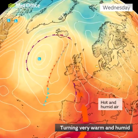 Weather map showing hot and humid air moving over Europe.