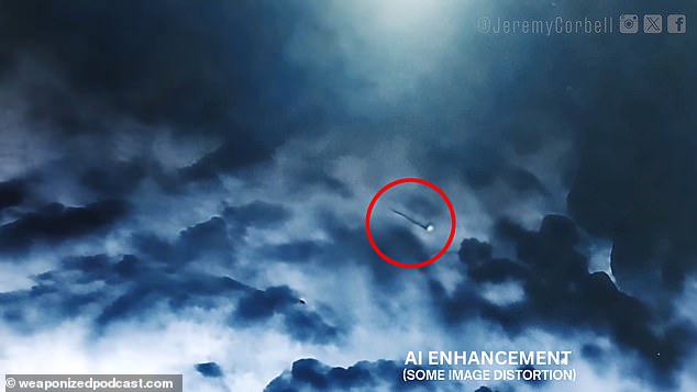 Still from the leaked military footage shows a disc-shaped UAP entering cloud cover at high speed