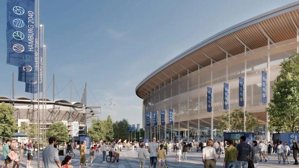 Rendering of Hamburg 2040 Olympic stadium and plaza.