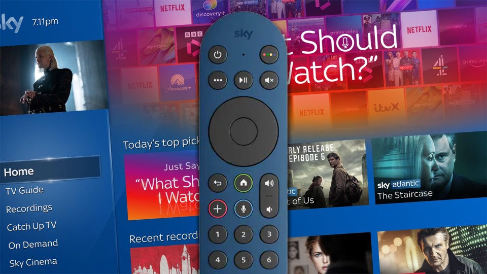 Sky TV remote and interface showing various streaming services.