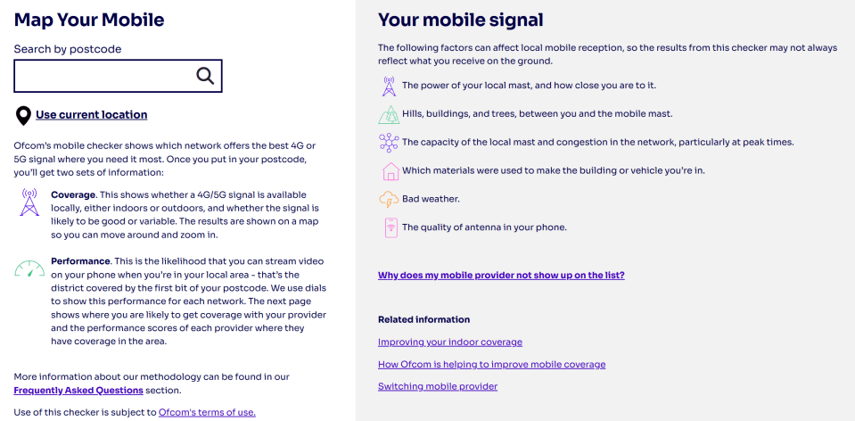Mobile signal checker showing coverage and performance; factors affecting mobile reception also listed.