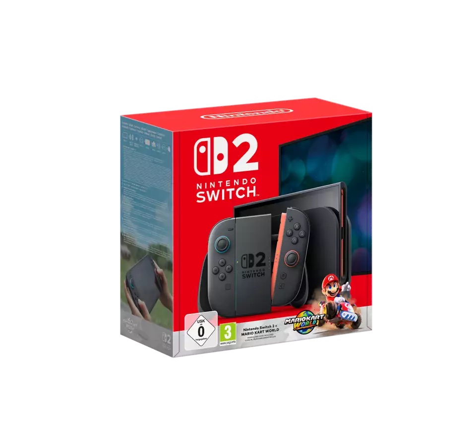 Nintendo Switch 2 console and Mario Kart 8 Deluxe game box.