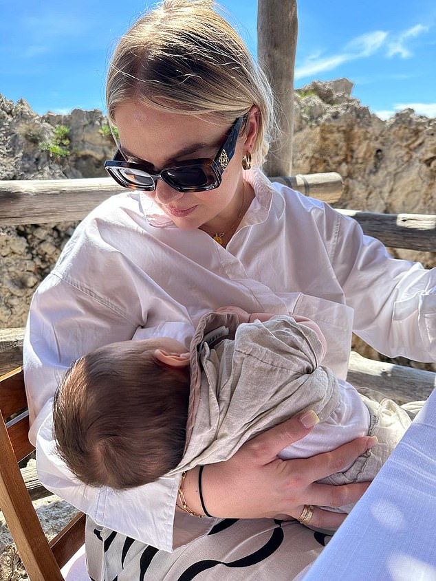 Georgia, 30, from south east London, has hit back at fashion designer Karen Millen over comments she made about breastfeeding children past six months (Georgia pictured nursing her son Teddy)