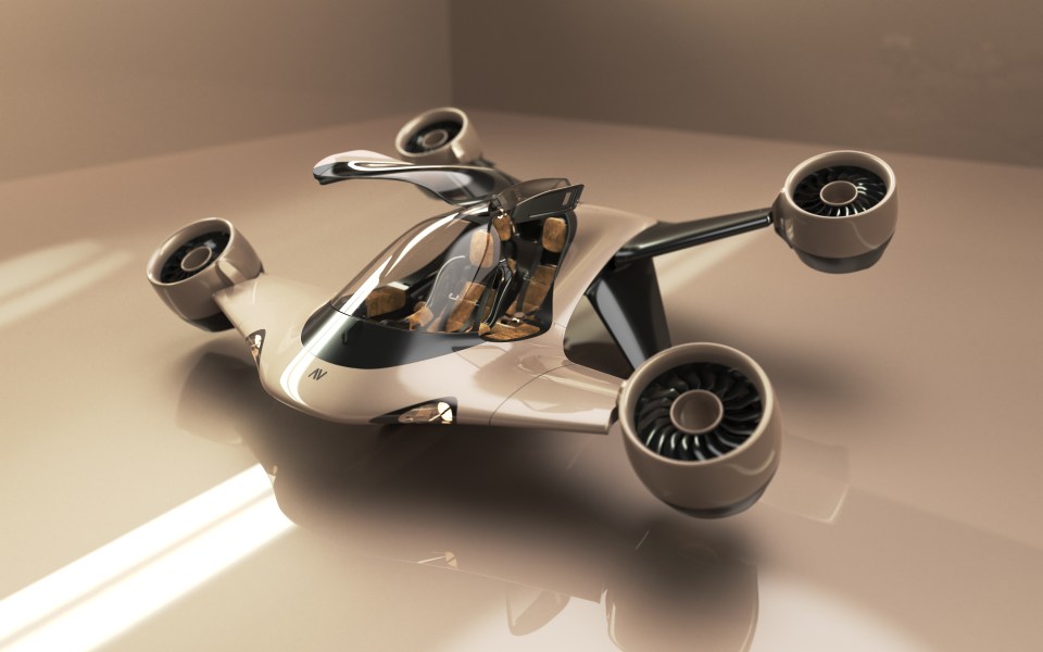Illustration of a beige electric vertical take-off and landing (eVTOL) aircraft.