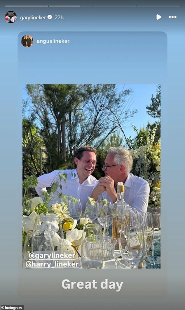 The former Match Of The Day pundit, 64, looked in great spirits as he raucously downed alcohol while celebrating his second eldest son's nuptials to fiancée Annabelle in Ibiza [pictured with Harry]