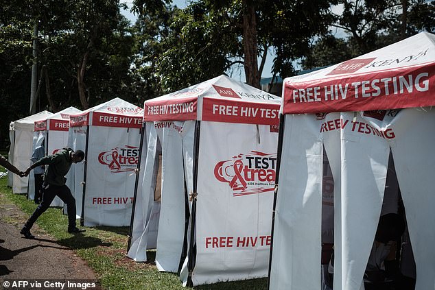 Gay men in African countries have reported struggles accessing HIV prevention medication amid drastic cuts to foreign aid programs (Pictured: HIV testing booths in Nairobi, Kenya in 2017)