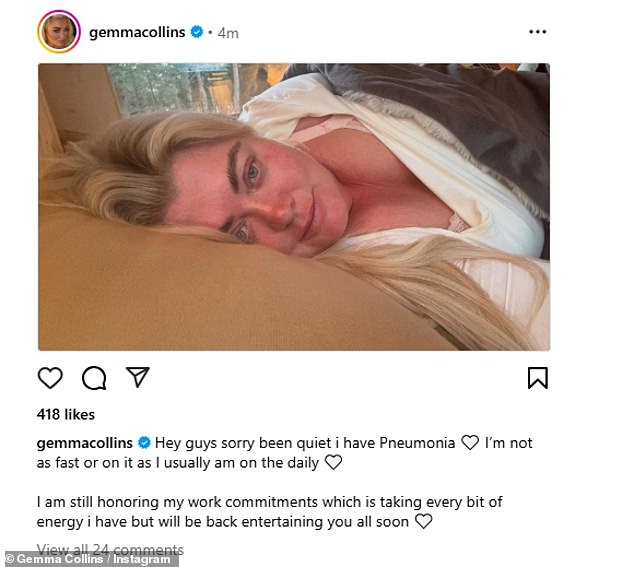 Gemma Collins has revealed that she has been struck down with pneumonia