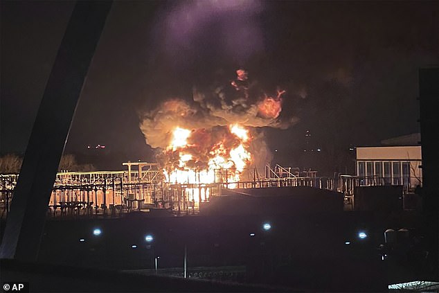 The review concluded that Mr Woldbye's phone was muted 'without him being aware' and that he only became aware of the fire (above) at 6.45am - more than seven hours after it broke out