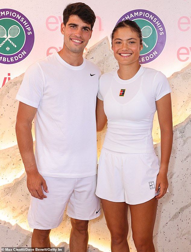 What better plot development could there be than a real-life romantic pairing between the ever-smiling Spanish charm of Carlos Alcaraz and the dazzling glamour of Emma Raducanu? (pictured on Friday