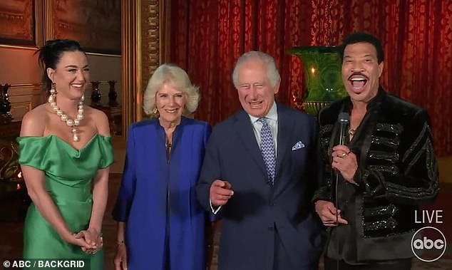 Katy Perry performed at King Charles's coronation concert in 2023 (pictured also with Queen Camilla and Lionel Richie)