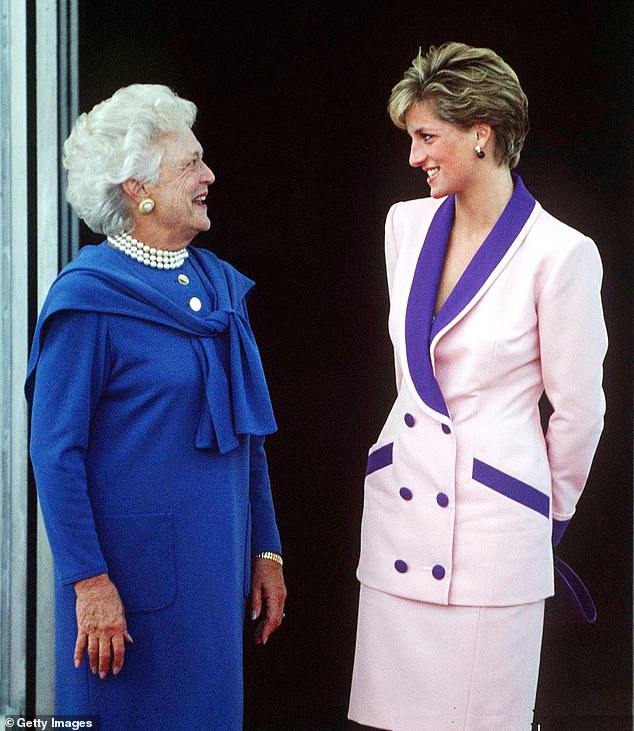 The late Princess of Wales with Barbara Bush at the White House, October 1990 wearing Kiki McDonough pearl and amethyst earrings