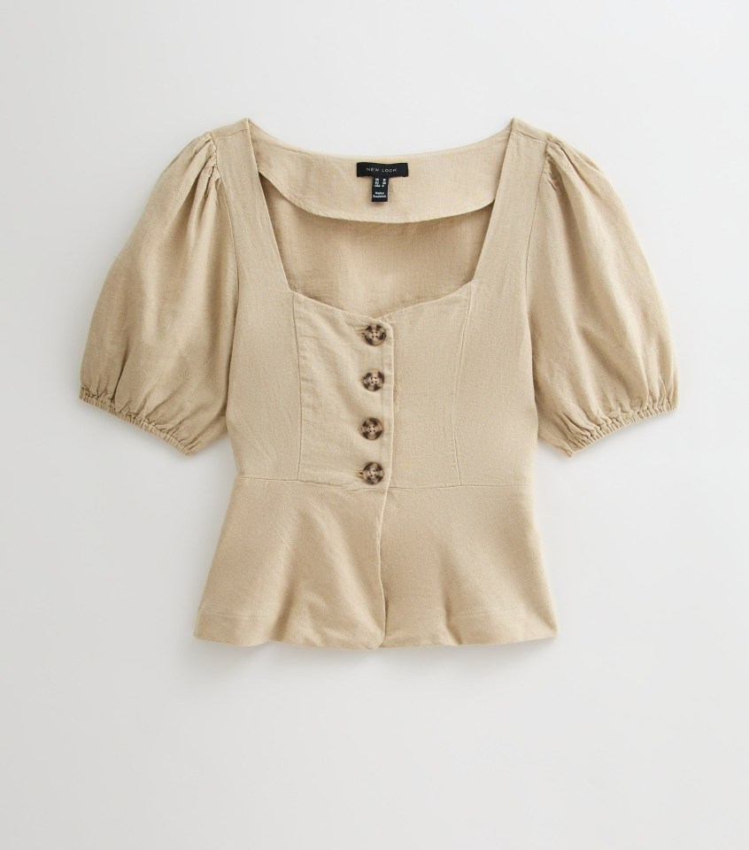 Beige linen blend button-up top.