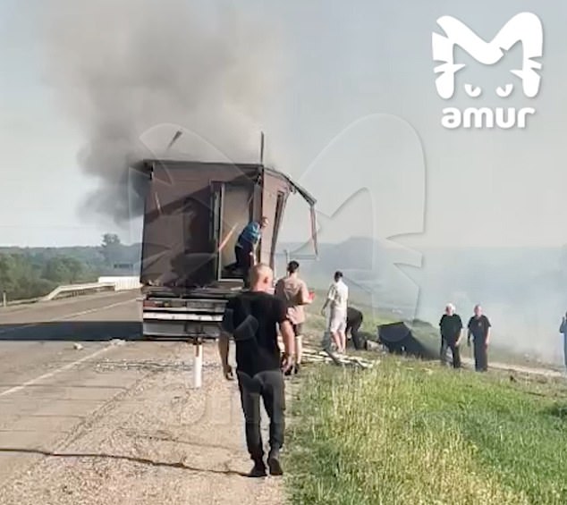 A truck filled with Ukrainian drones was seen in footage exploding in the Amur region