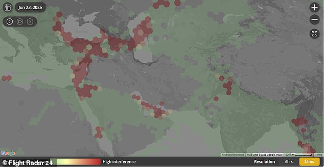 Flightradar24 tracks GPS interference. Green indicates low interference, red indicates high