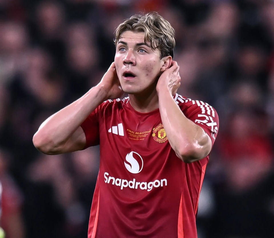 Rasmus Hojlund of Manchester United looking disappointed during a soccer match.