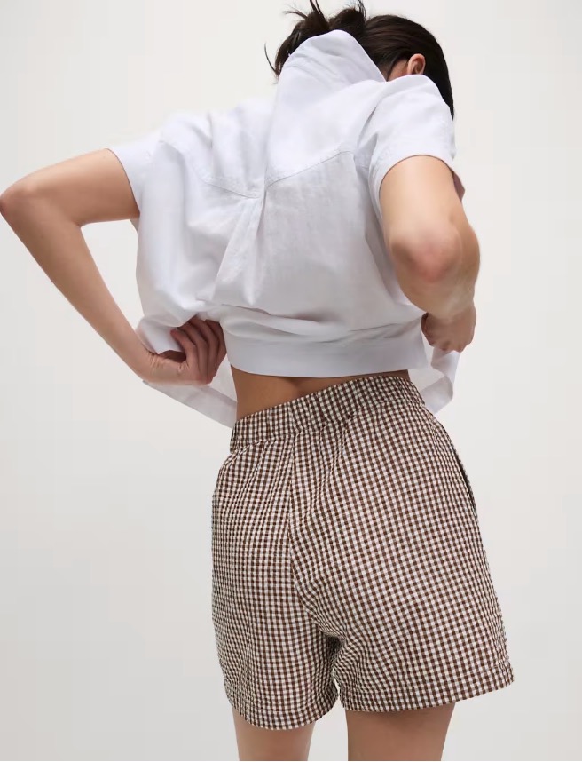 Brown and white gingham pull-on shorts.