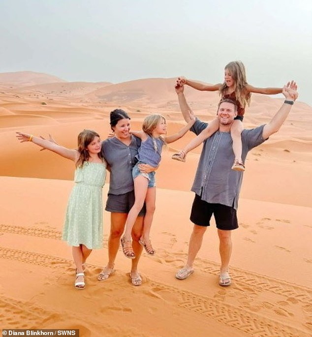 Diana Blinks, with her husband Scott and daughters Lucille, Edith, and Hazel in the Sahara Desert
