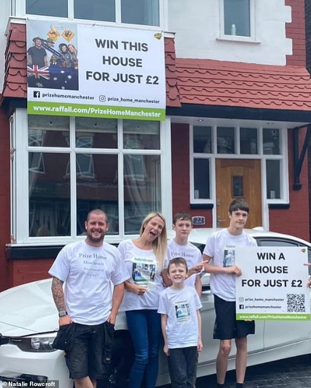 The teaching assistant, 38, her husband Bradley, also 38, made a profit of £90,000 from the property raffle, but Natalie says it came with an abundance of hard work (The couple are pictured with their three sons decided to try a property and their three sons Bradley, Aiden and Rhys, now 19, 17 and 12 respectively)