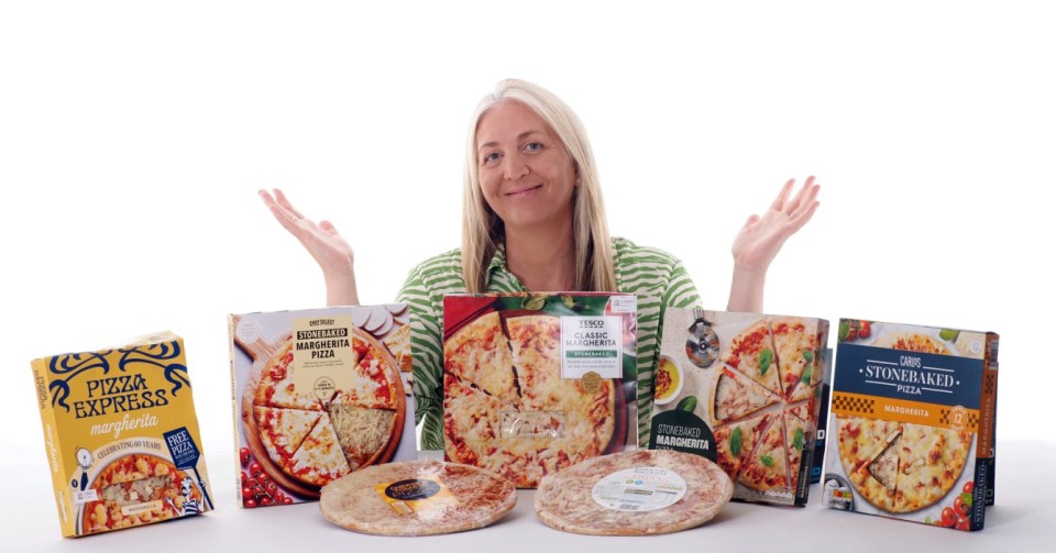 Woman presenting various frozen Margherita pizzas.