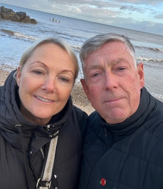 Dean Valentine (right), who said he has fallen chronically ill after the Pfizer Covid vaccine, is married to child star Alison Bettles (left) from Grange Hill (now Alison Valentine). Mr Valentine is pictured 18 months after the vaccine