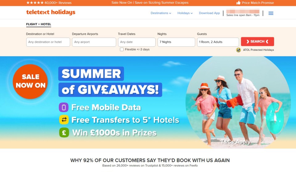Teletext Holidays website homepage; summer sale; free mobile data, transfers to 5* hotels, and prize giveaway.
