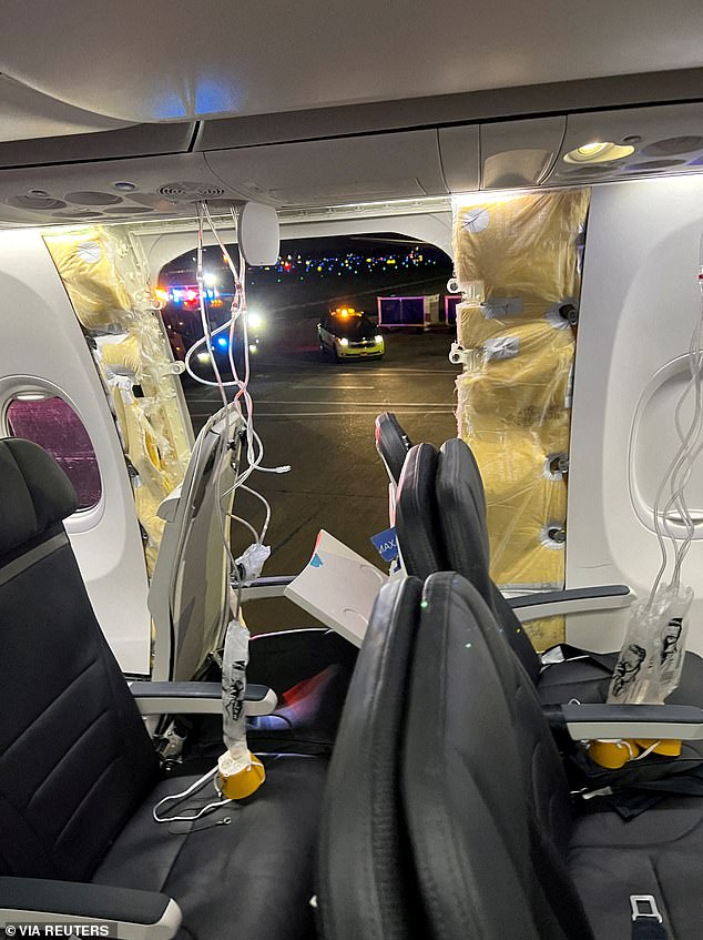 Last January, a door-sized panel blew out in a 737 Max mid-flight with near-catastrophic consequences (pictured).