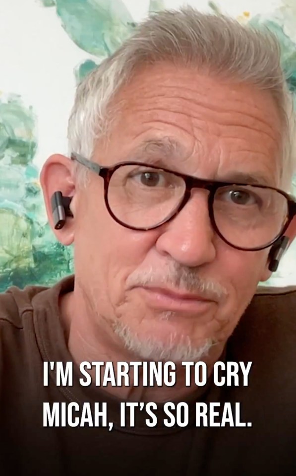Close-up of a man wearing glasses and earbuds, saying, "I'm starting to cry Micah, it's so real."