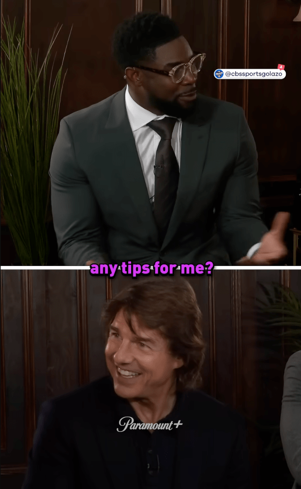 Screenshot of Tom Cruise and another man in suits, with text overlay "any tips for me?".
