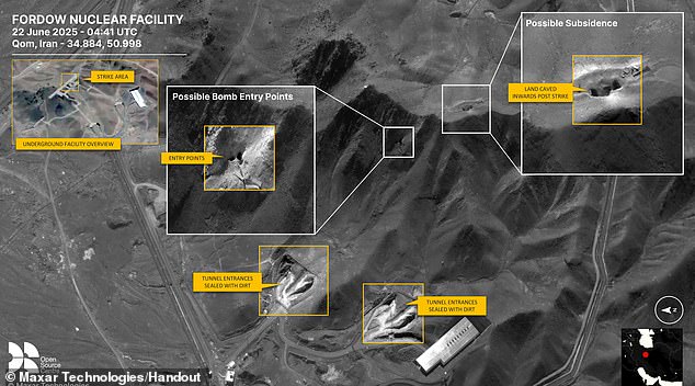 The satellite imagery shows the exact 'strike area', which the B-2 stealth bombers hit as well as possible bomb 'entry points'