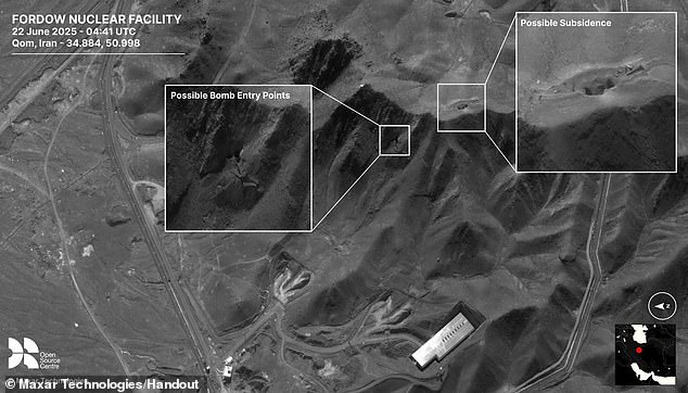 Annotated to show the areas clearly, the images also suggest 'possible subsidence' of land which has been caved inwards after the strikes