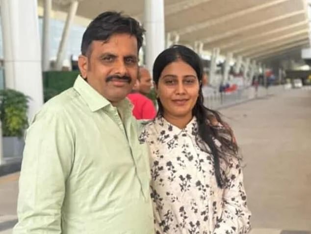 Khushboo Rajpurohit (R) was onboard a London Gatwick-bound aircraft when it crashed moments after take-off from Ahmedabad Airport in the northwestern Indian city of Gujarat. She had been on the way to see her husband. Here she is pictured with her father outside the airport before the flight
