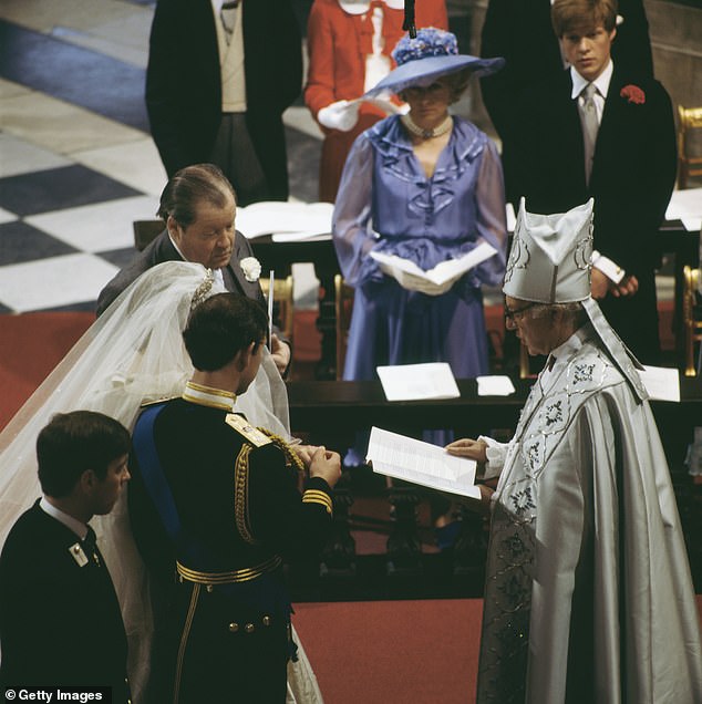Charles and Diana say their vows as Frances watches on. Diana goes on to claim that her mother drove her 'mad' during her engagement and was left 'hurt' when Frances was not included in preparations for the big day