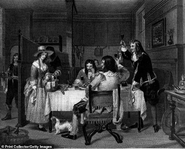 Nell Gwyn selling ballards to Charles II and the Dukes of Buckingham and Rochester