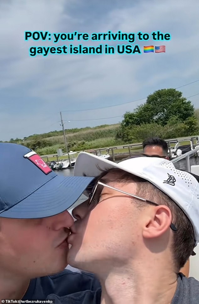Fire Island has been a safe haven for gay and lesbian communities for more than 100 years - and remains so today. Pictured: TikToker Art Bezrukavenko and his boyfriend visit the island