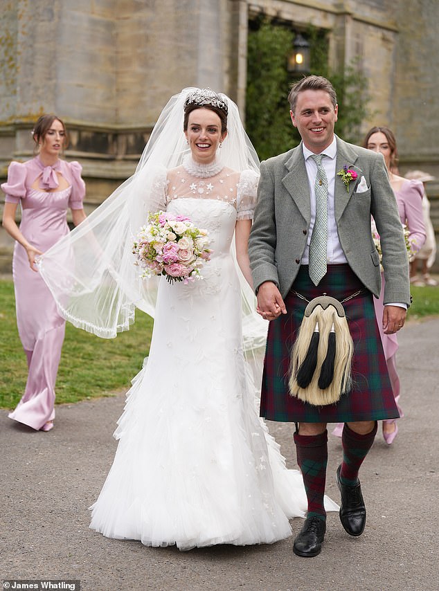 Lady Violet Manners, daughter of The Duke and Duchess of Rutland, and her new husband, fellow aristocrat Viscount Garnock, wed at St Mary The Virgin Church on Saturday ahead of a celebration at the Manners' family's ancestral pile, Belvoir Castle